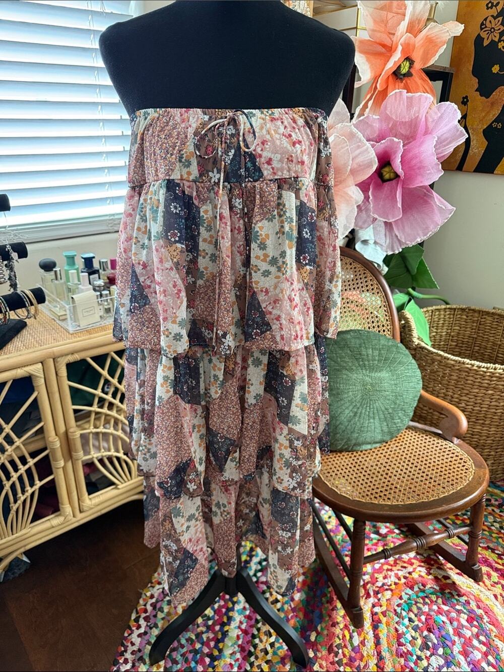 Pretty Damage Patchwork Floral Tiered Ruffle Hem Boho Convertible Dress Skirt